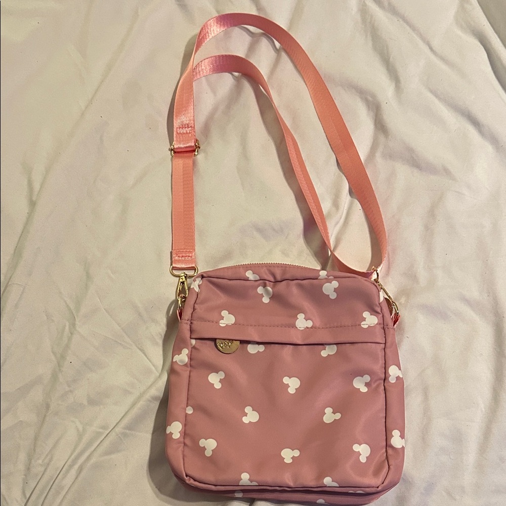 Stylish Pink Crossbody Bag with White Mickey Mouse heads